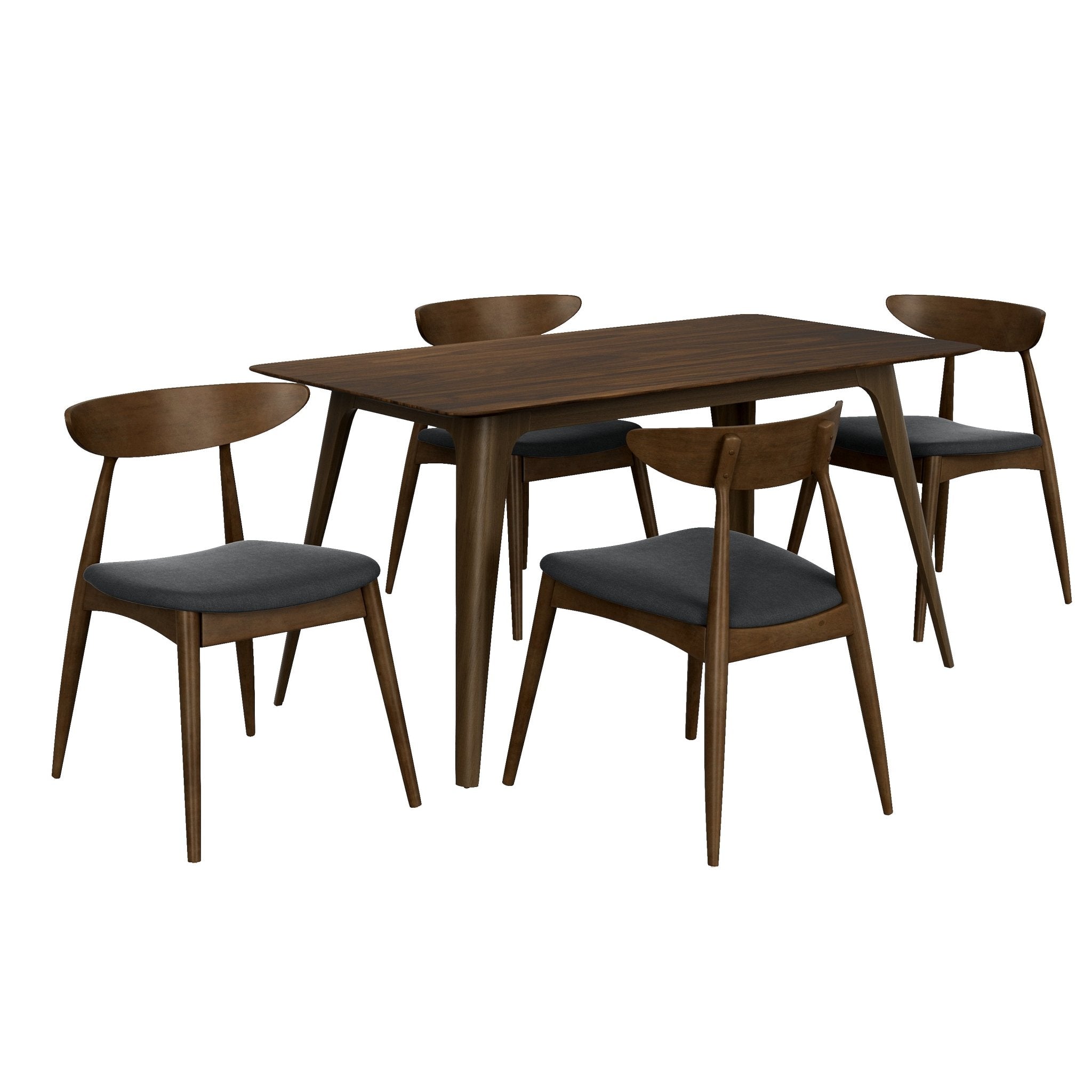 5 - Piece Dining Table Set, 1 Table 4 Chairs, Rubberwood Frame, Ergonomic Backrest, Soft Cushioned Chairs, Walnut - Charcoal - Noventis Home