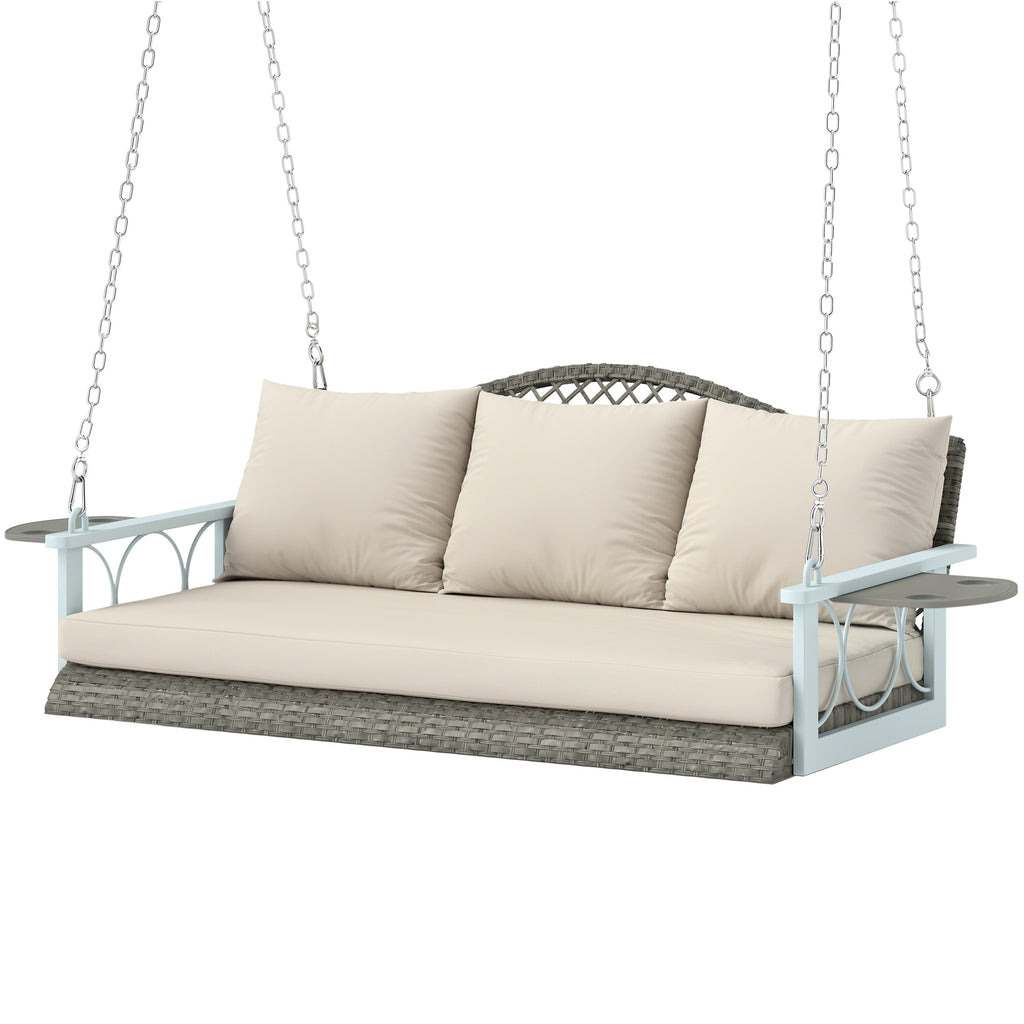 3 Person Wicker Hanging Outdoor Patio Porch Swing Bench With Cup Holders, Cushions, And Chains, Natural - Noventis Home