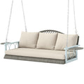 3 Person Wicker Hanging Outdoor Patio Porch Swing Bench With Cup Holders, Cushions, And Chains, Natural - Noventis Home