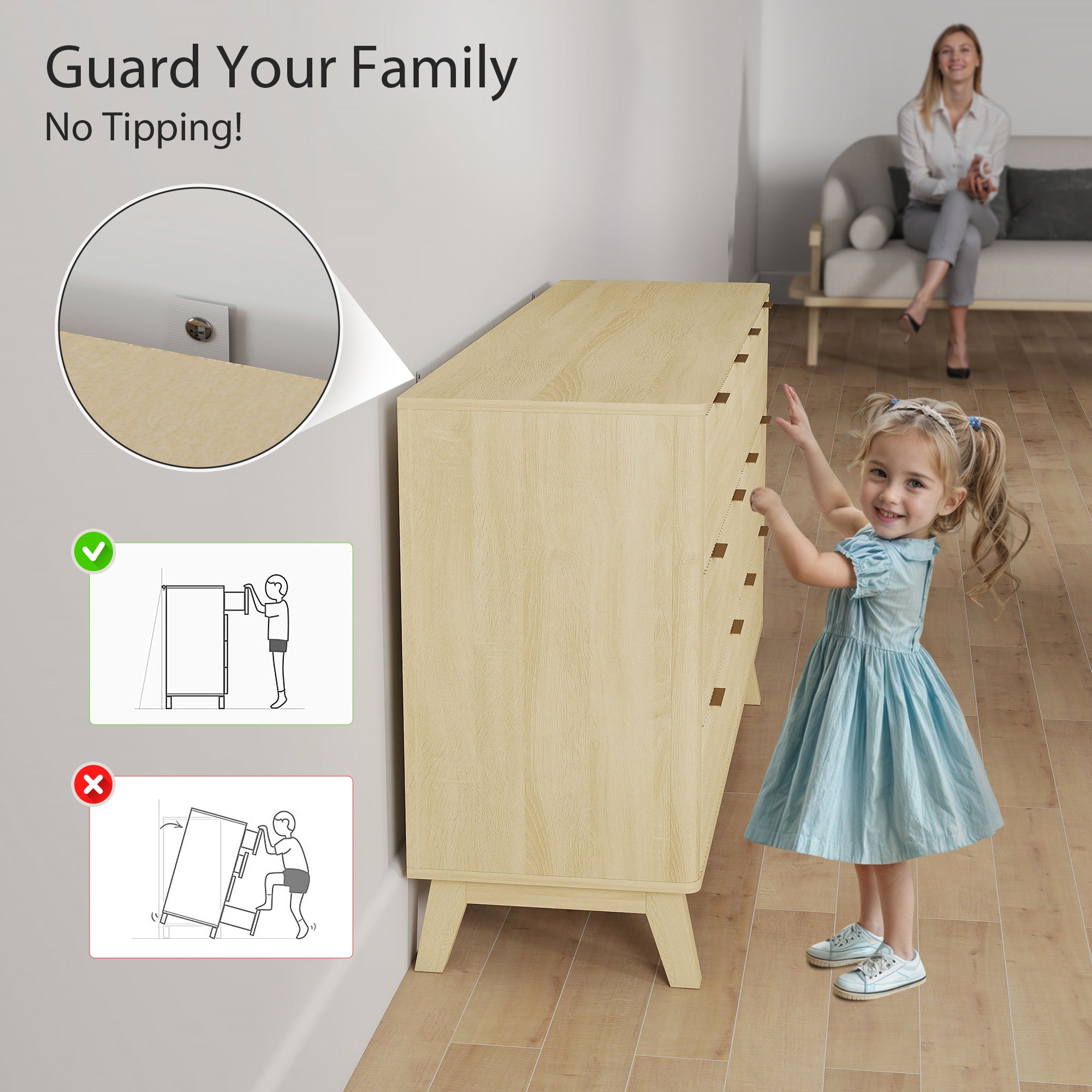 Ladekast met 6 Lades, Geribbeld Design met Gouden Handgrepen en 5 Houten Poten, Naturel Hout