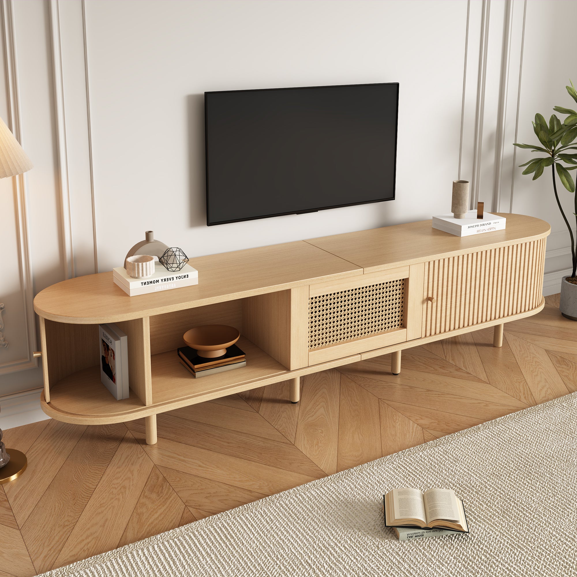 TV-meubel met 1 Rotan Lade en 2 Schuifdeuren, Ovaal TV-kast met Afgeronde Hoeken, 180x40x40 cm, Licht Hout, MDF, Geschikt voor 70 inch TV