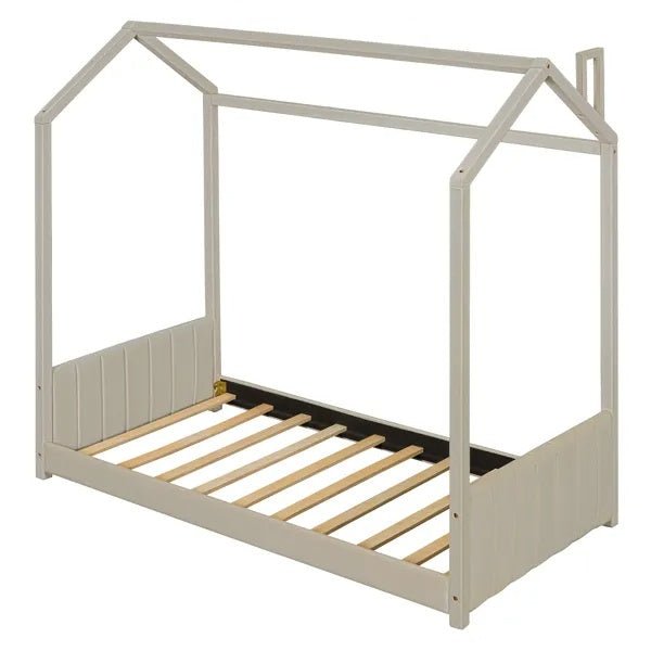 Fluwelen Huisbed Eenpersoons, Houten Bed, Beige - Noventis Home