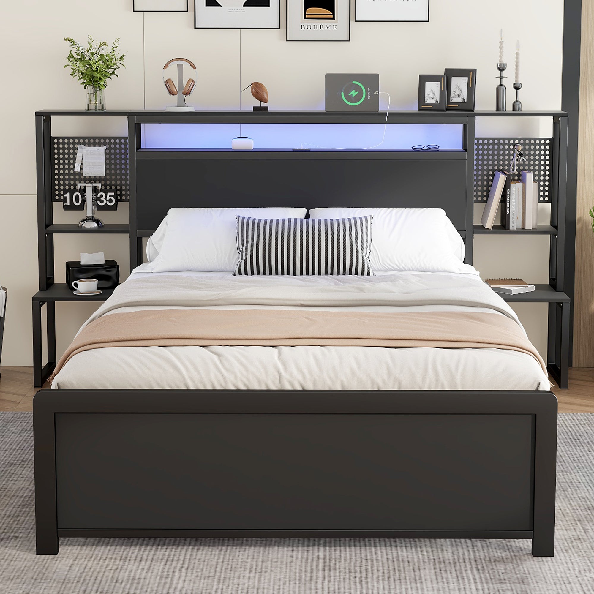 Metal Bed, Iron Bed, 4ft6 Double Bed 135x190cm, With Multi - color LED Strip Lights And Charging Port 2 A - type And 1 C - type, One - piece Bedside Table, Black - Noventis Home