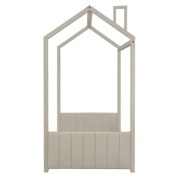 Fluwelen Huisbed Eenpersoons, Houten Bed, Beige - Noventis Home