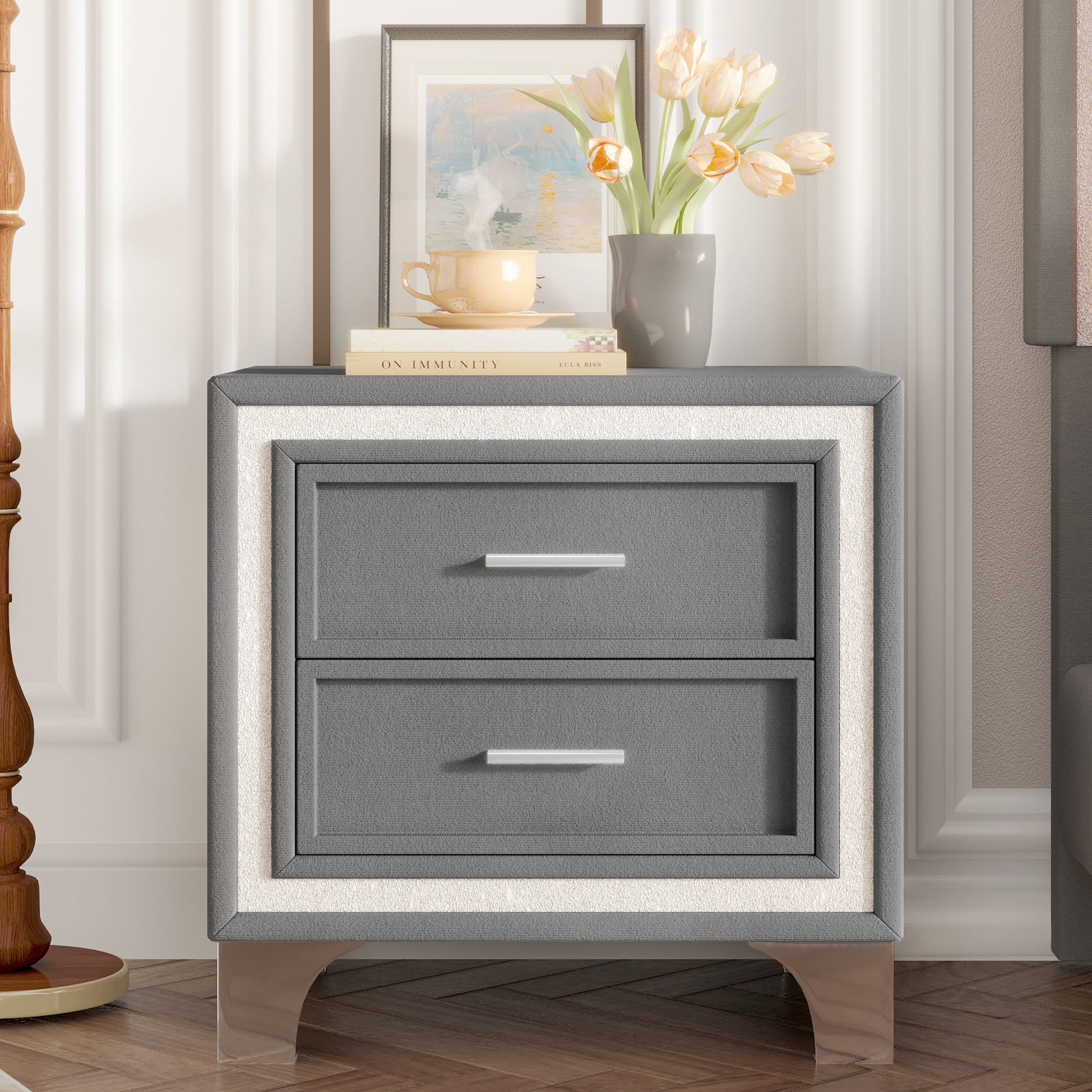 Mid Century Vintage Nightstand With Silver Glitter Strip Decor And Metal Legs, Velvet Bedside Table With 2 Drawers, Fully Assembled Except Legs And Handles, Gray - Noventis Home