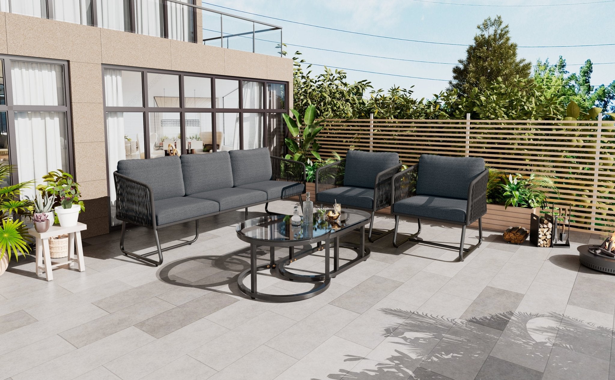 Buiten Patio & Tuin Loungeset, Dikke Ruimtebesparende Banken met Glazen Salontafel, Grijs - Noventis Home