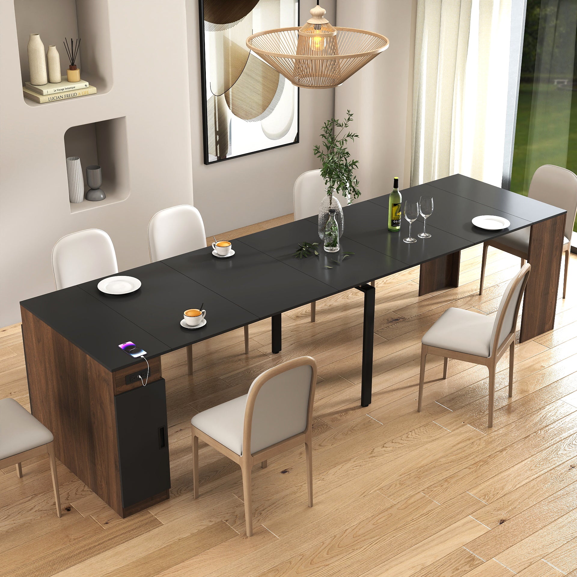 Moderne Multifunctionele Uitschuifbare Eettafel met Stopcontact en Opbergruimte, voor Feesten, Vergaderingen en Vieringen
