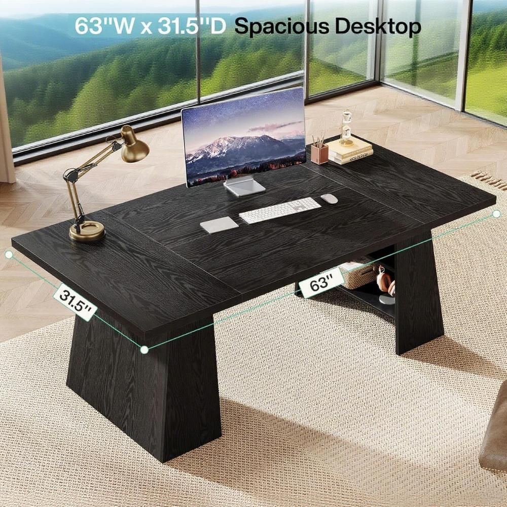 Directiebureau 160cm, Modern Groot Kantoorbureau met Dubbele Sokkel en Opbergplanken, Zwart