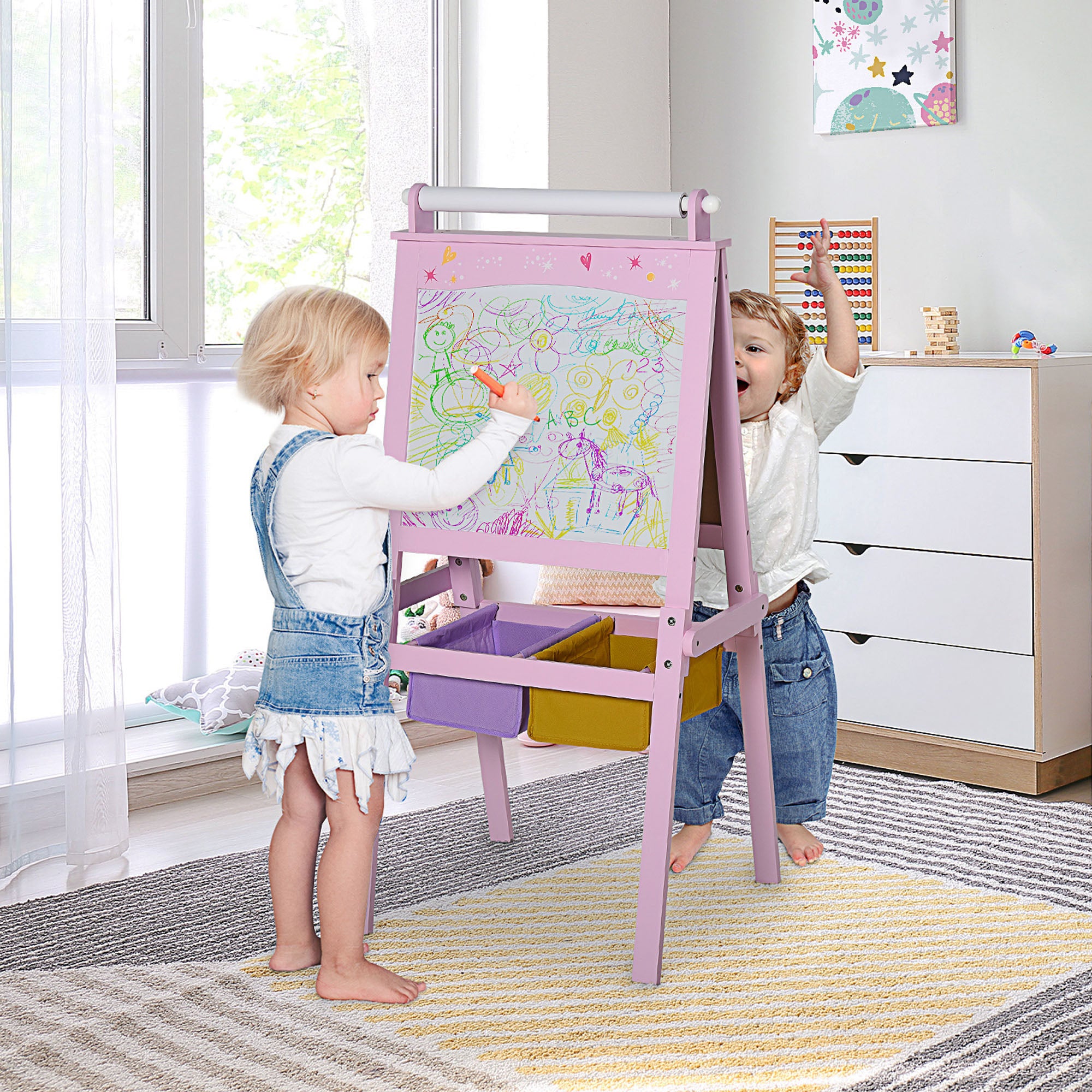Kinder Schildersezel 3-in-1, Houten Tekenbord met Krijtbord, Whiteboard en Papierrol, Opbergmandjes, Roze