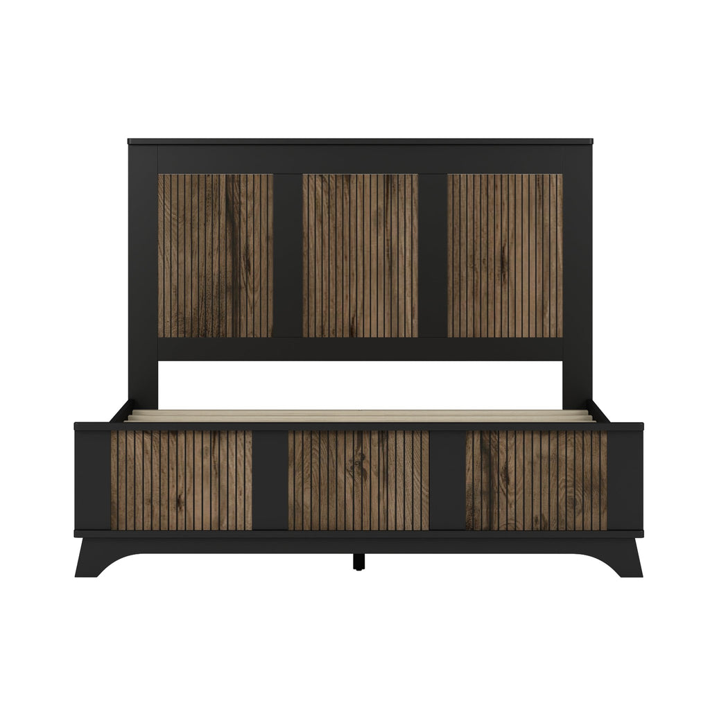 4 - delige Slaapkamerset, Queensize Platform Bed met Houten Decoratie, 2 Nachtkastjes en Ladekast met Metalen Handgrepen, Zwart - Noventis Home