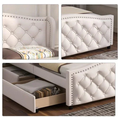 Gestoffeerd Bed 135 x 190 cm - Bed met Lattenbodem, 2 Lades en Hoofdeinde met Siernagels - Hout & Kunstleer - Wit - Jeugdbed / Logeerbed - Noventis Home