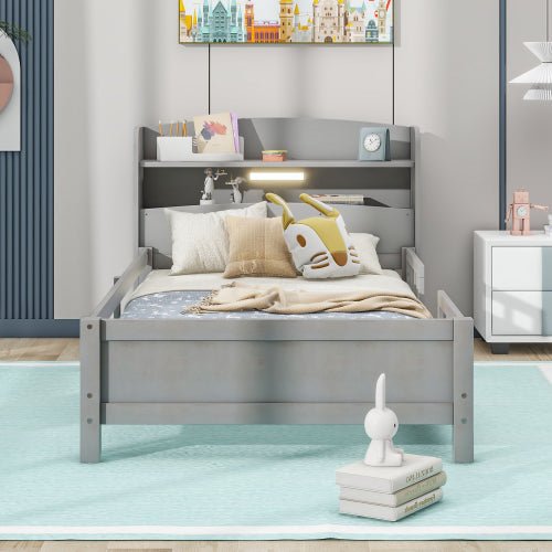 Wood Twin Size Platform Bed With Built - in LED Light, Storage Headboard And Guardrail, Antique Grey - Noventis Home