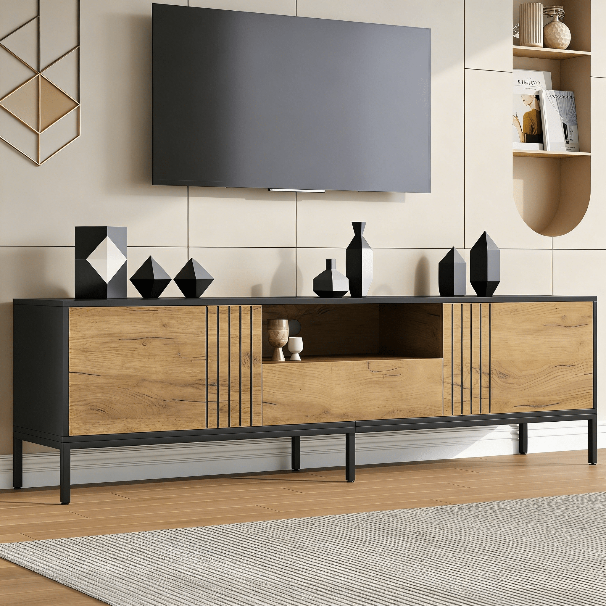170x35x50cm TV Cabinet,TV Board, TV Console With 2 Cabinets And 1 Drawer, TV Table, TV Stand, Living Room Cabinet, Suitable For TVs Up To 70 Inches,natural Wood Black - Noventis Home