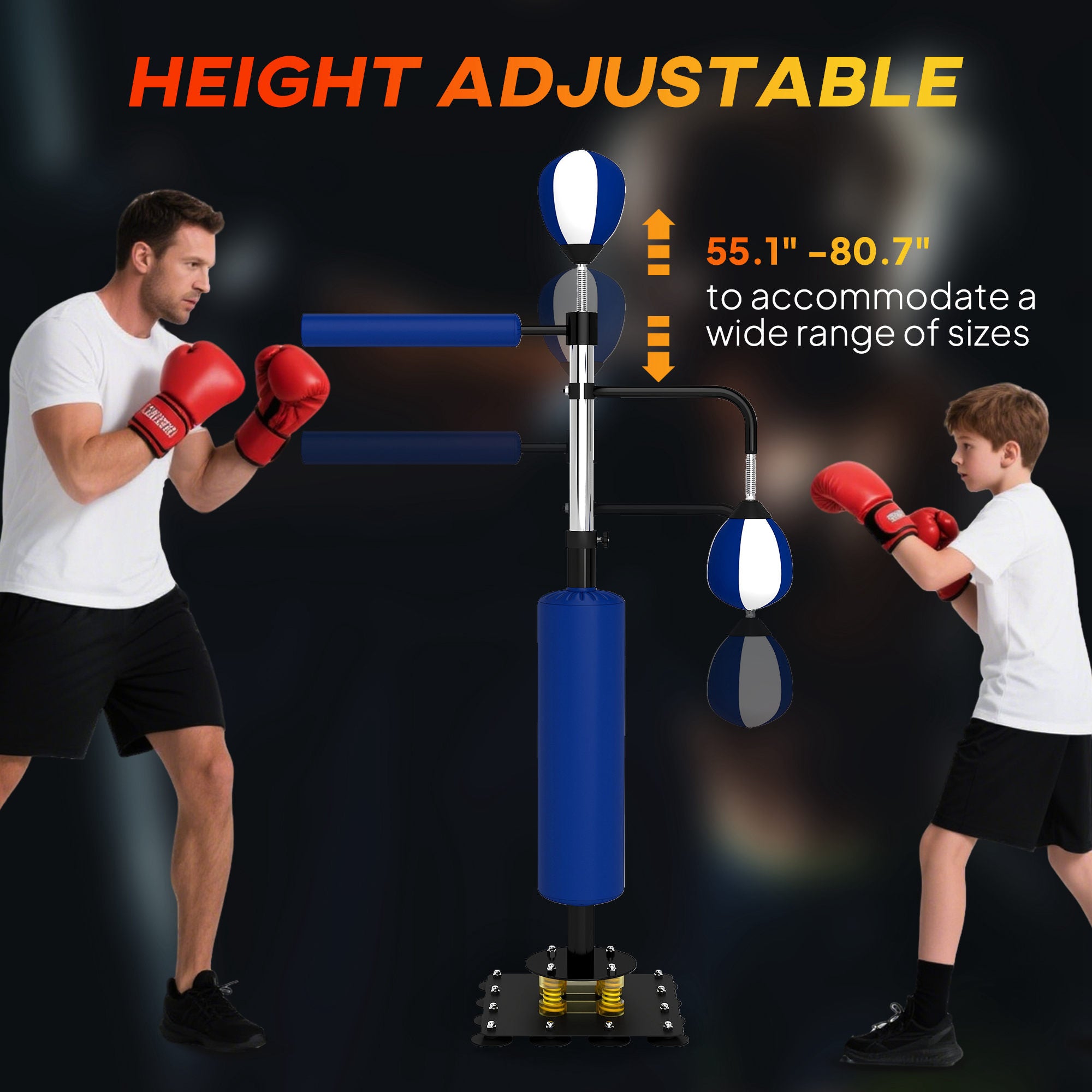 Bokszak Standaard met Reflexbal, Verstelbaar 140 - 205cm, Blauw - Noventis Home