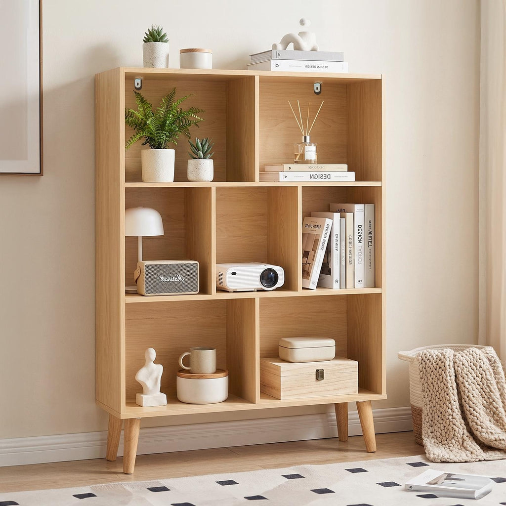 Wooden Cubic Bookshelf, Three - layer Open Cabinet With Legs, Made Of Natural Wood - Noventis Home