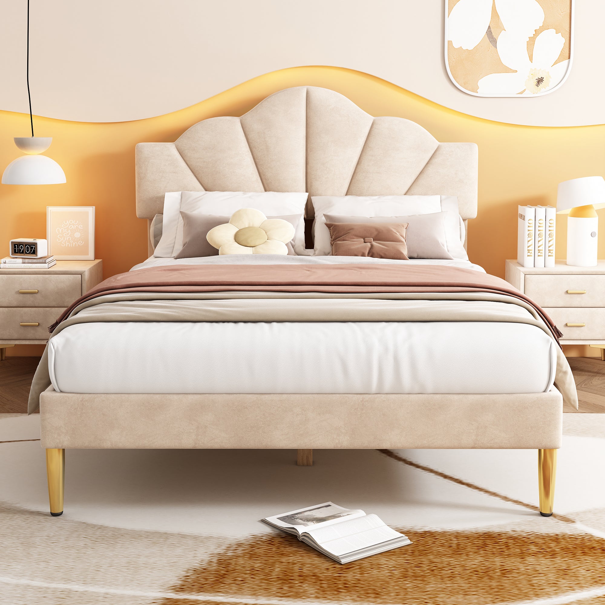 Velvet Upholstered Bed,Double Bed - 4ft6 135x190cm, Shell - like Bed With Golden Iron Legs, Height - adjustable Headboard, Wooden Slatted Frame, Beige - Noventis Home