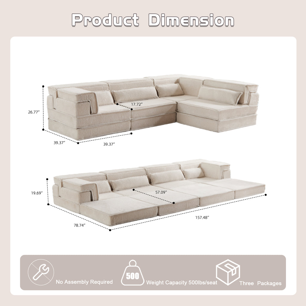 Mahjong Compressiebank, Converteerbare Vloerslaapbank, DIY Modulaire Hoekbank, Geen Montage Vereist, Fleece Stof, 4-zitter met 4 Kussens, Wit