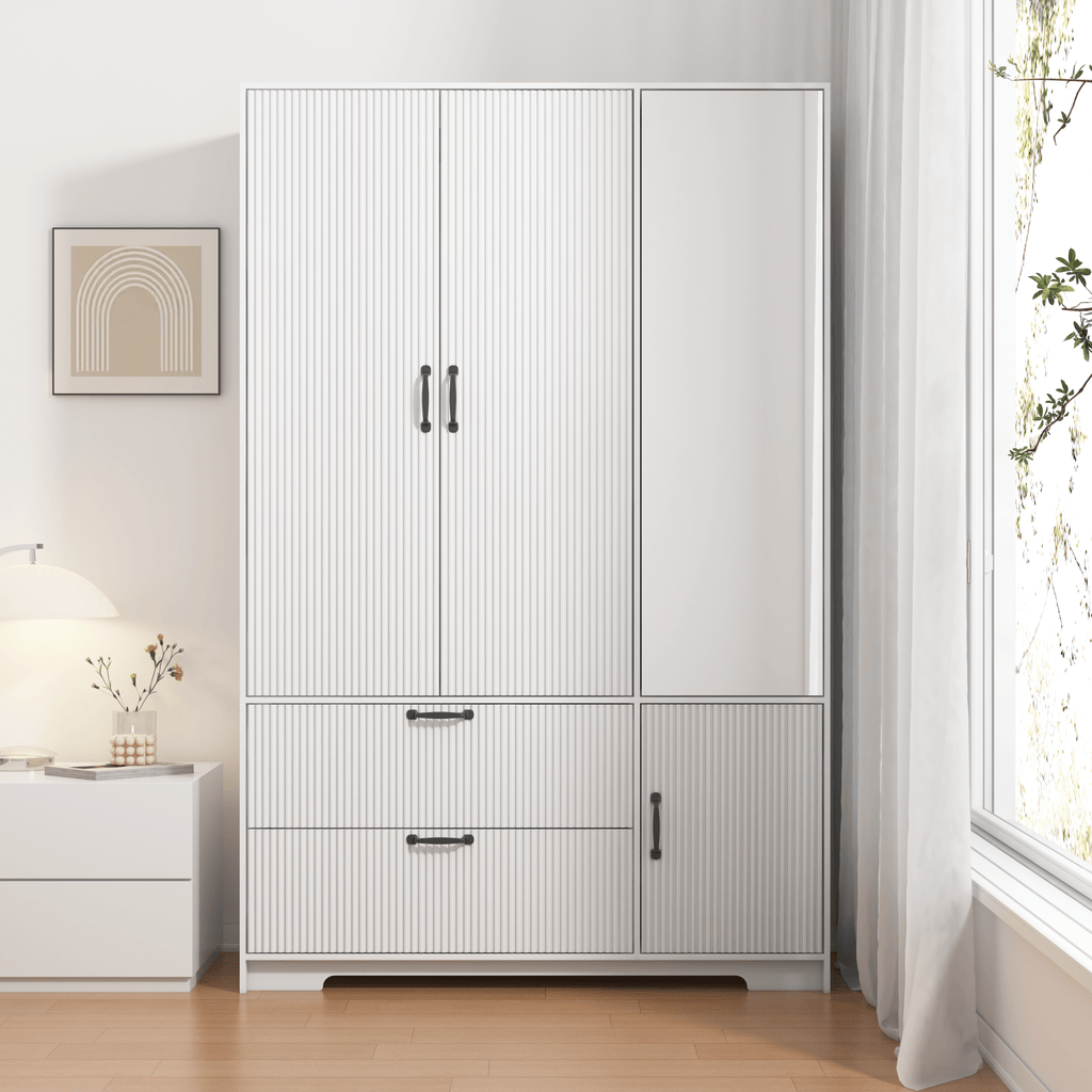 4 - Deurs Kledingkast met Spiegel, LED Kledingkast met 2 Lades, Houten Opbergkast met Kledingstang en Verstelbare Planken, Wit - Noventis Home