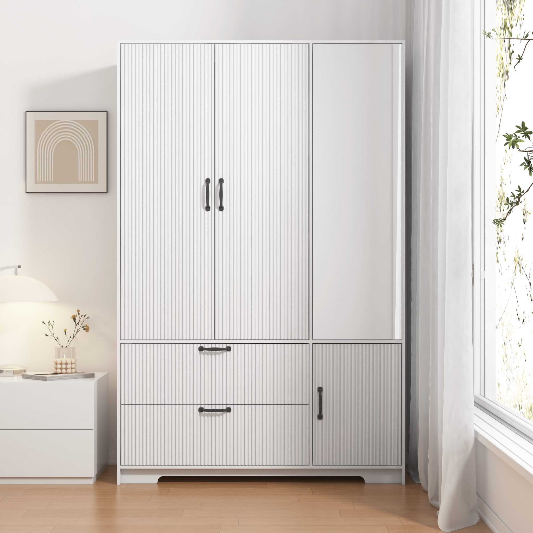 4 - Deurs Kledingkast met Spiegel, LED Kledingkast met 2 Lades, Houten Opbergkast met Kledingstang en Verstelbare Planken, Wit - Noventis Home