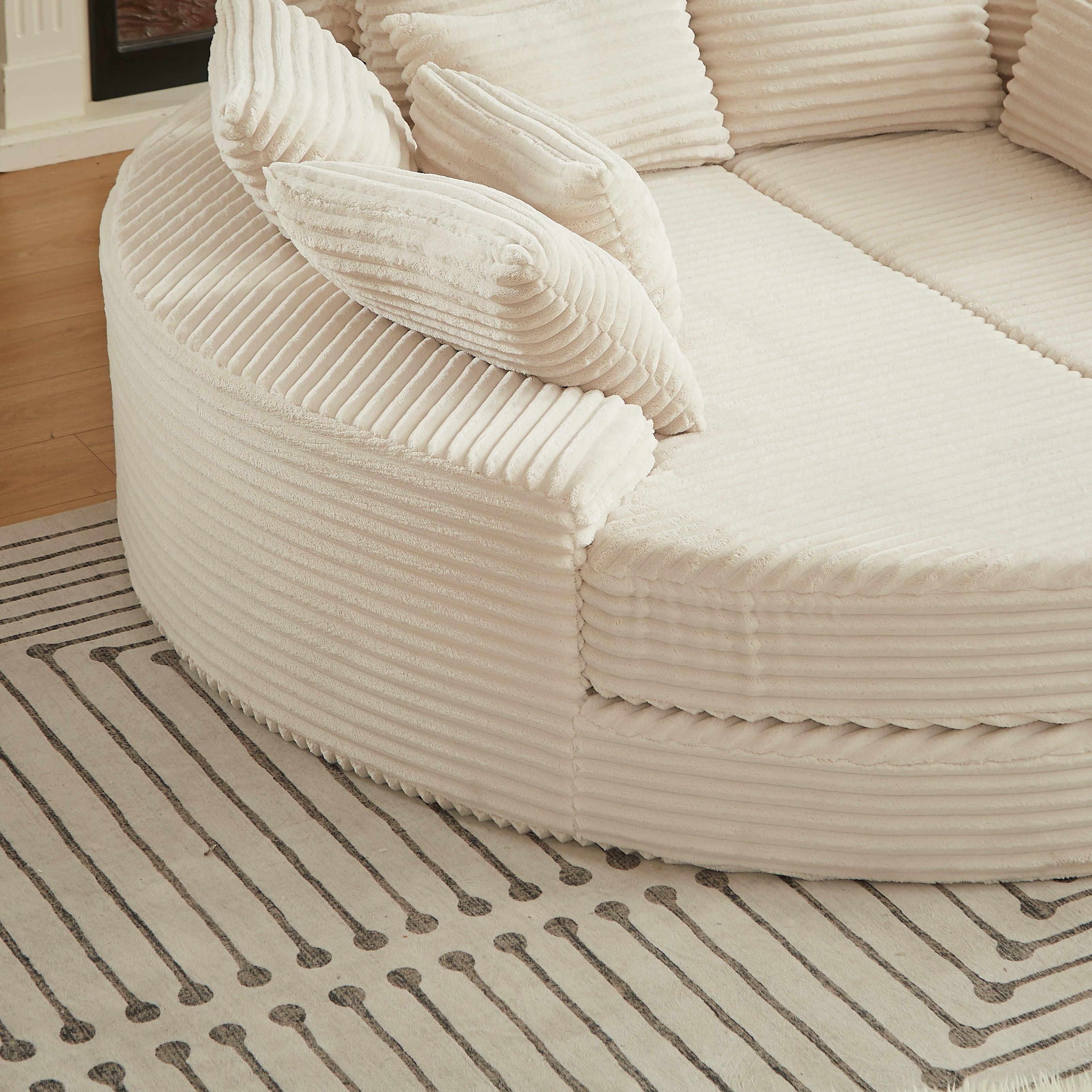 Ronde Corduroy Oversized Ligstoel 200 cm, Converteerbaar naar Twee Ligstoelen, 2-in-1 Slaapbank, Nekkussenontwerp met 5 Sierkussens