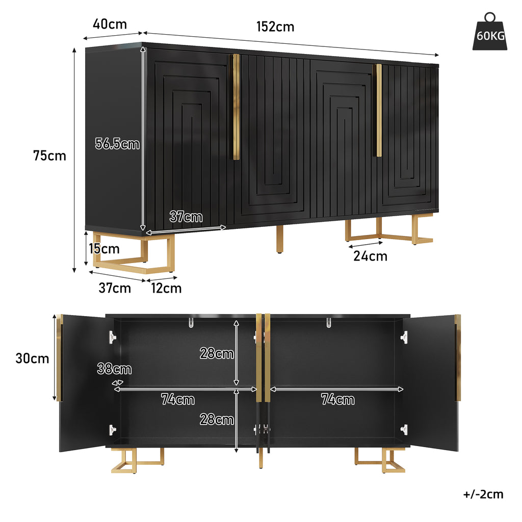 Zwart Dressoir 152x40x75cm met Uniek Geometrisch Design en Gouden Handgrepen en Poten