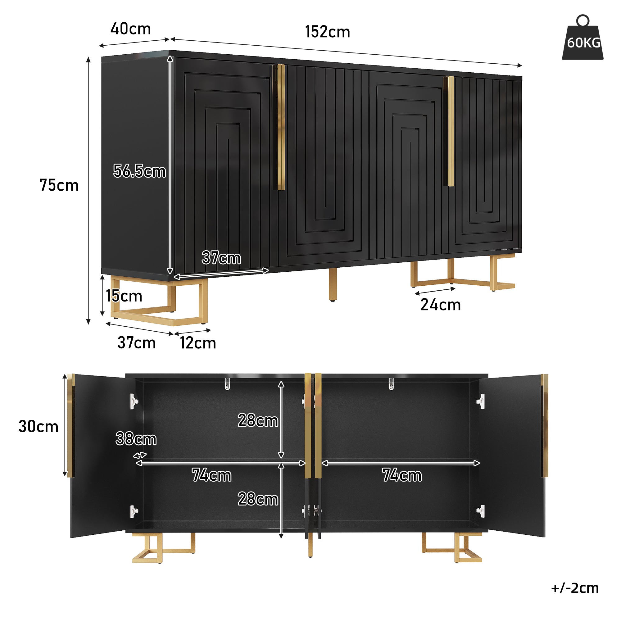 Zwart Dressoir 152x40x75cm met Uniek Geometrisch Design en Gouden Handgrepen en Poten