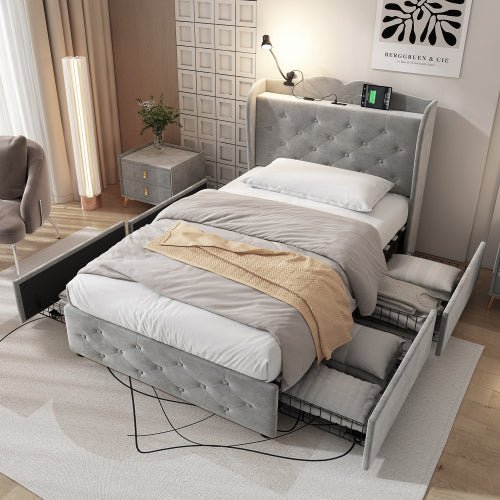 Upholstered Bed, Storage Bed, 3FT Single Bed 90x190cm, With 4 Drawers And Lamp, 3 USB Port 1 Type C, Durable And Sturdy, Youth Bed, For Adults Teenagers, Velvet, Grey - Noventis Home