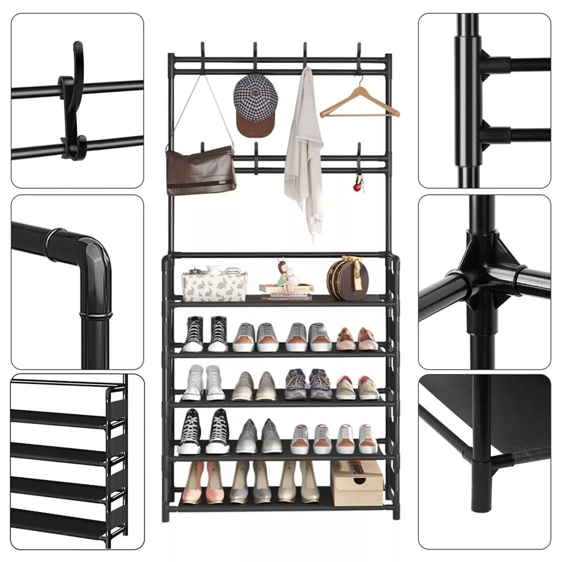 New Coat And Hat Stand 8 Hooks Metal Shoe Rack 5 Tiers Shelf Hanger Black UK - Noventis Home