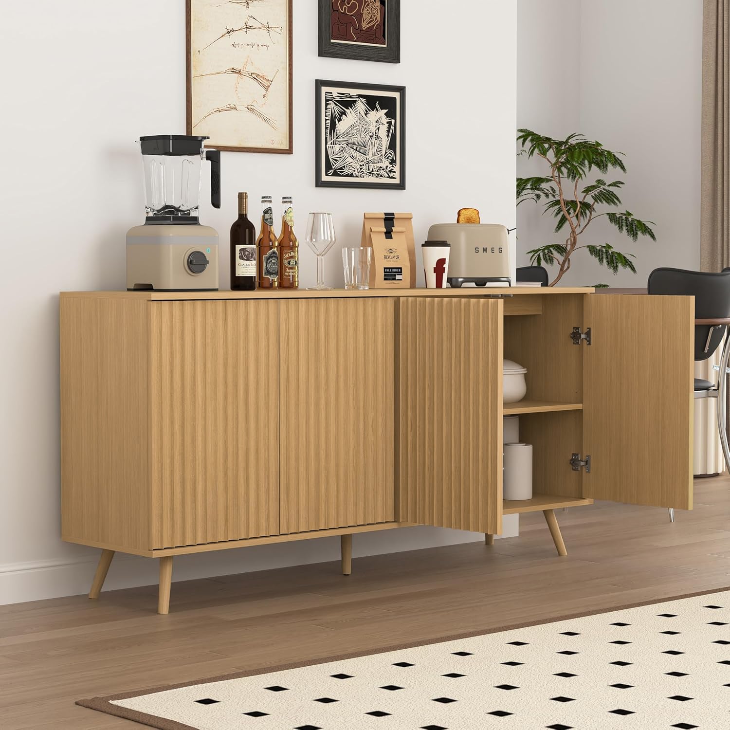 Dressoir Buffetkast met Opbergruimte, Lange Dressoir met 4 Deuren, Houten Credenza Consolekast met Verstelbare Planken voor Woonkamer, Keuken en Eetkamer, Naturel - Noventis Home