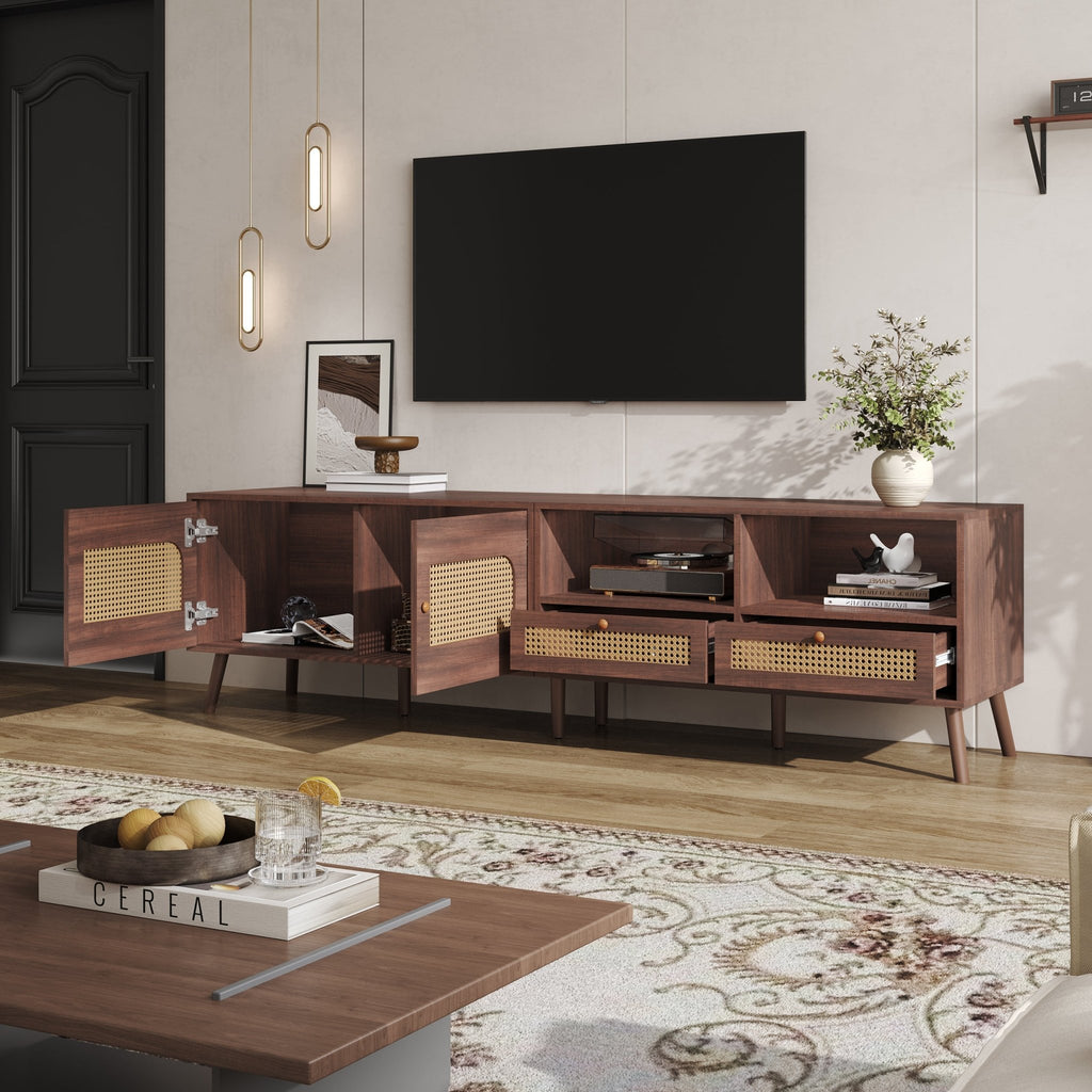TV Stand Cabient With 2 Drawers, 2 Doors, Rattan Design, TV Cabinet Sideboard, TV Entertainment Center For Livingroom Bedroom, TV Console, 200x37x49.5cm, Dark Wood, For Up To 90 Inch TV - Noventis Home