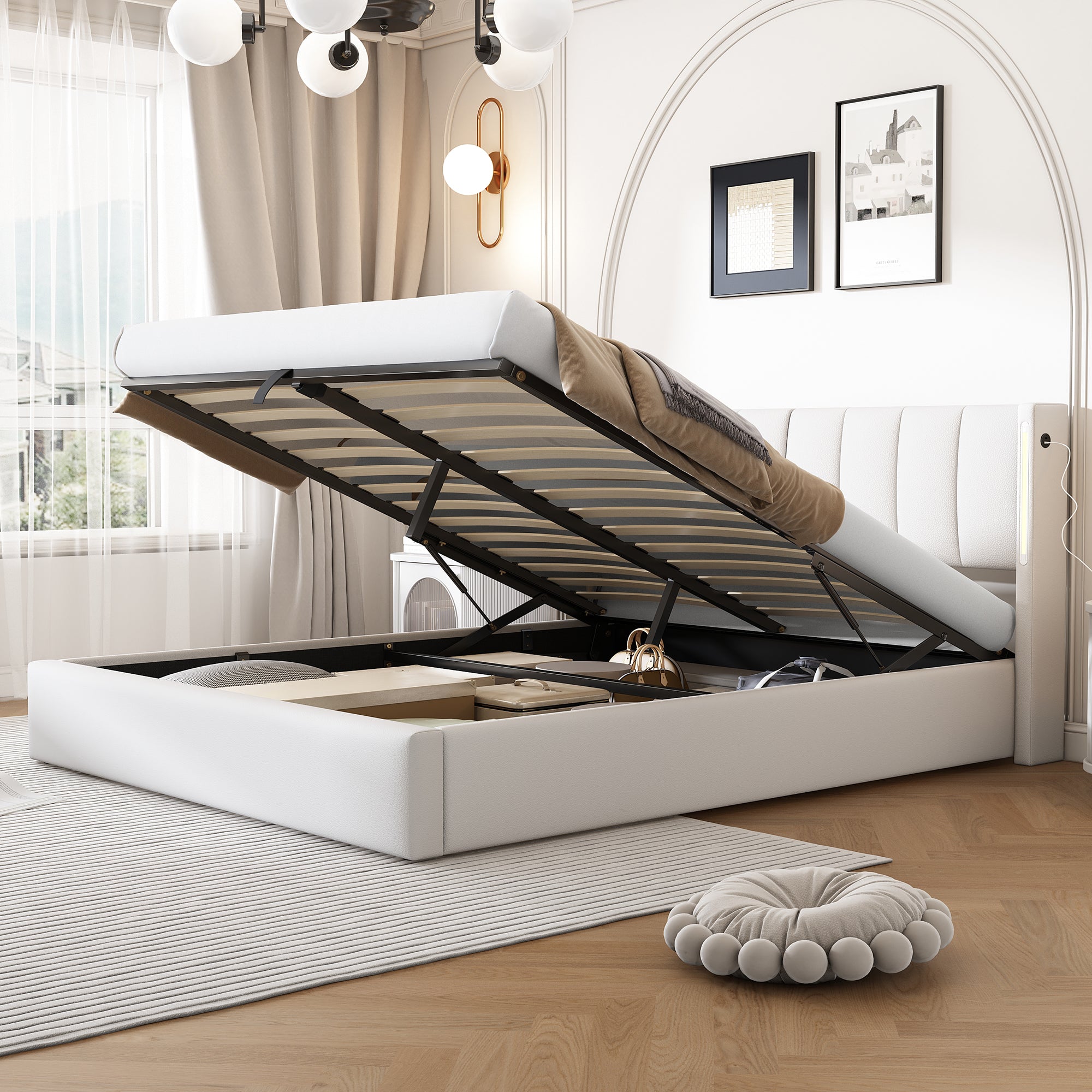 LED Upholstered Super King Size Bed - 6ft 180X200cm With Storage & Hydraulic Lift, USB Charging Ports, Adjustable Headboard & Lighting, PU , White - Noventis Home