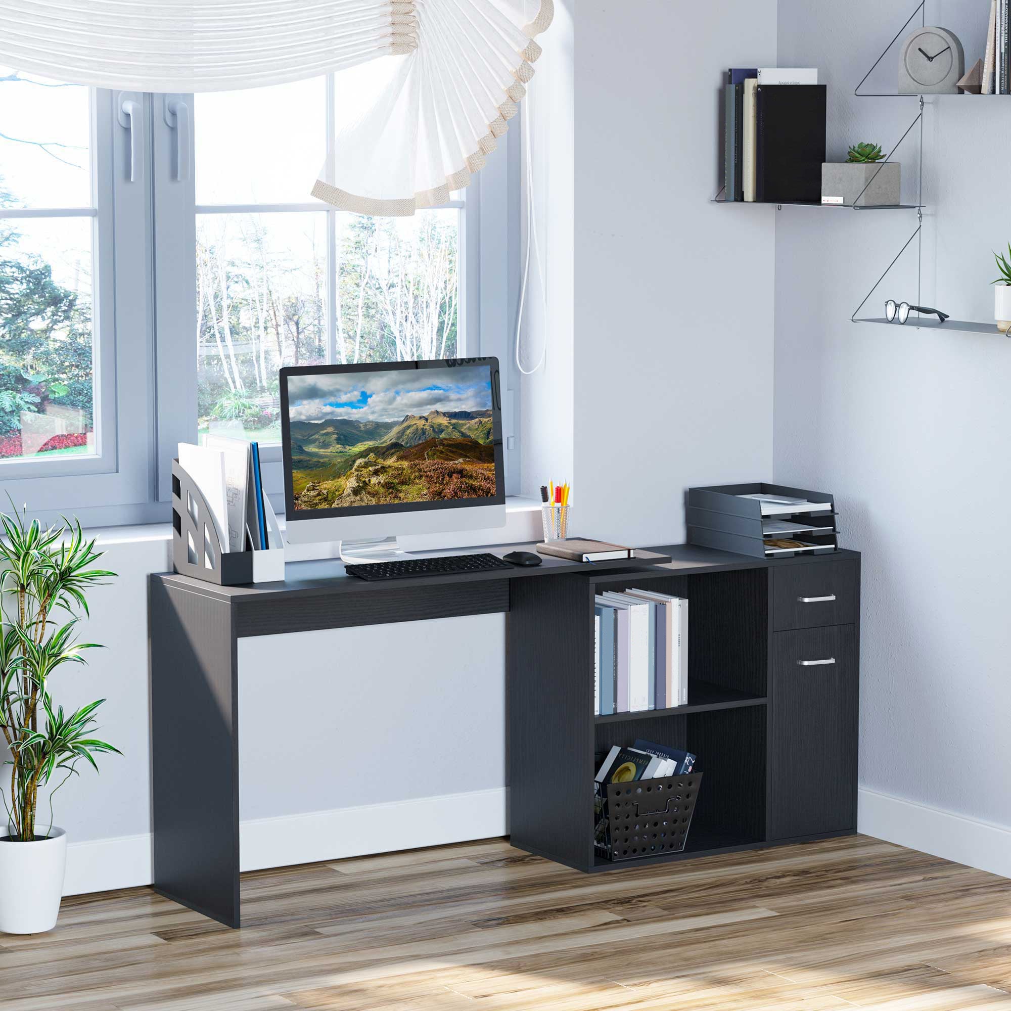 L Shaped Computer Desk, 180° Rotating Corner Desk With Storage Shelves, Drawer And Cabinet, Study Workstation For Home Office, Black - Noventis Home