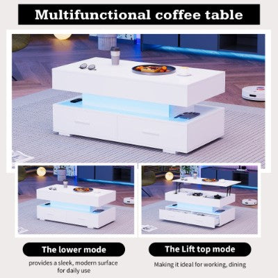 Salontafel met Hydraulisch Opklapbaar Blad en LED-verlichting, 2 Lades en Opbergruimte voor Woonkamer, Wit