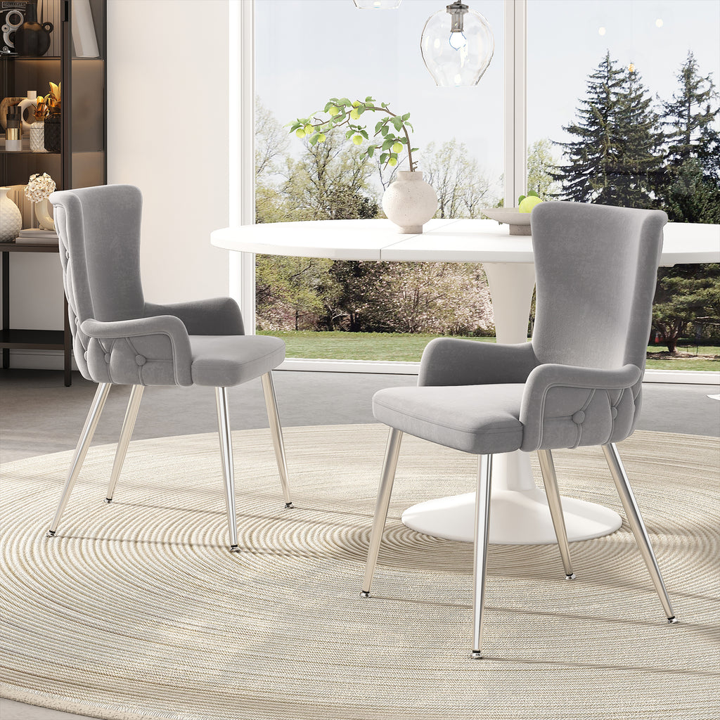 Velvet Dining Chair, Set Of 2, Luxurious Living Room Bedroom Lounge Chair With Four Silver - colored Metal Support Legs, Grey - Noventis Home