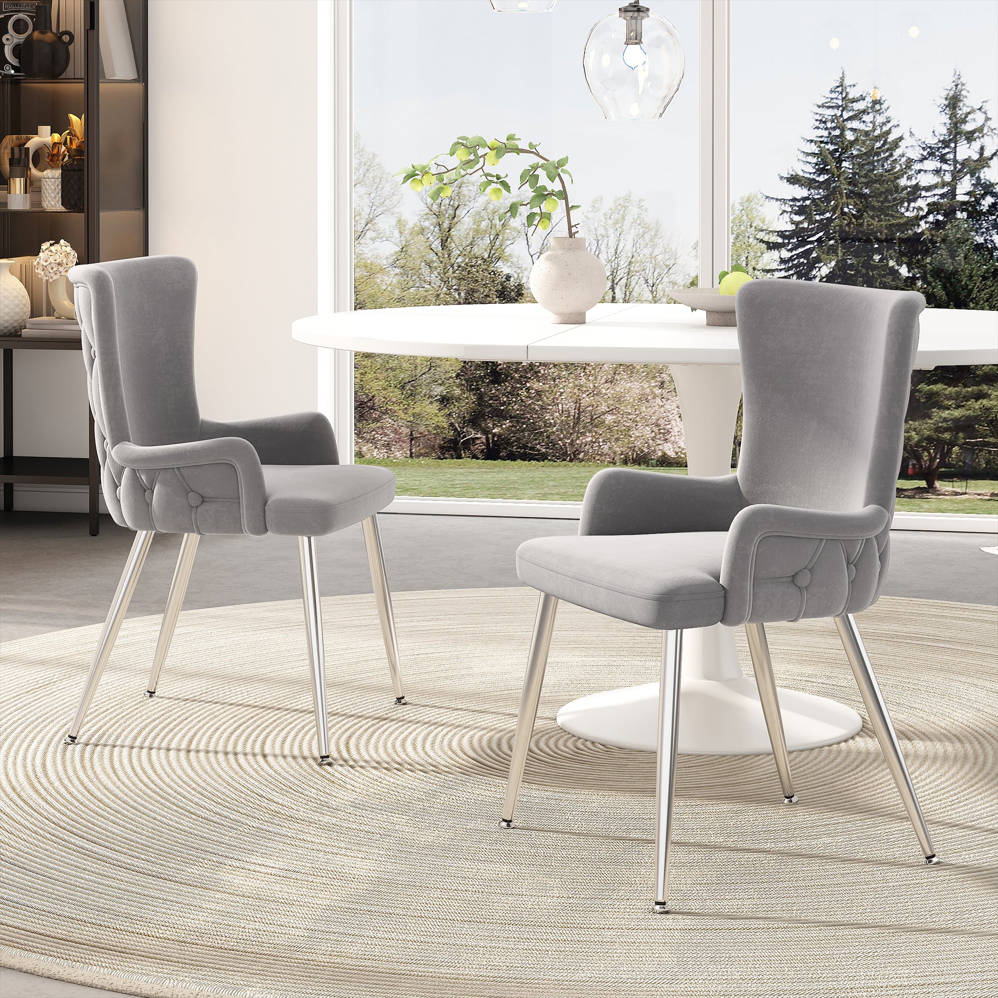 Velvet Dining Chair, Set Of 2, Luxurious Living Room Bedroom Lounge Chair With Four Silver - colored Metal Support Legs, Grey - Noventis Home