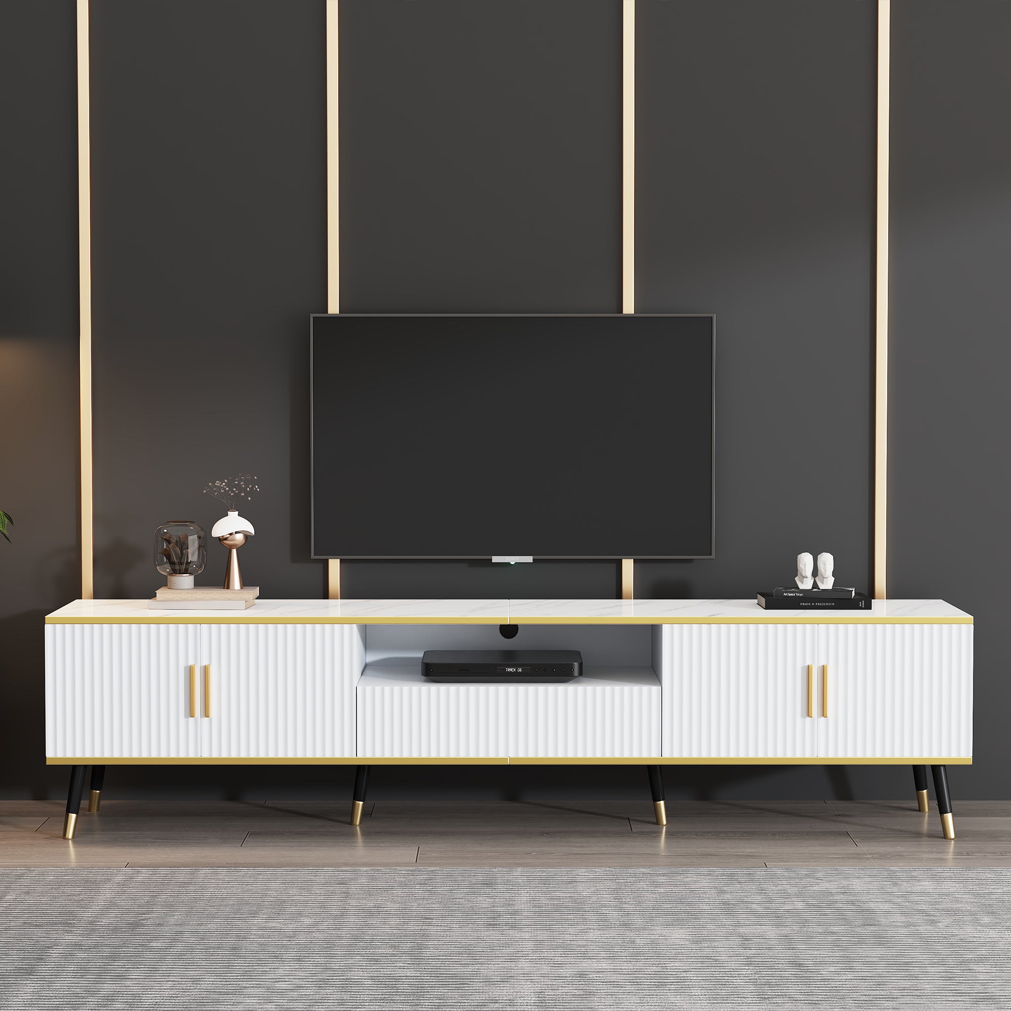 Modern TV Stand, 4doors & 1drawers, TV Cabinet Storage Sideboard With Marble Texture, TV Entertainment Center For Livingroom Bedroom, 200x40x46cm, White, Maximum For 90 Inch TV - Noventis Home