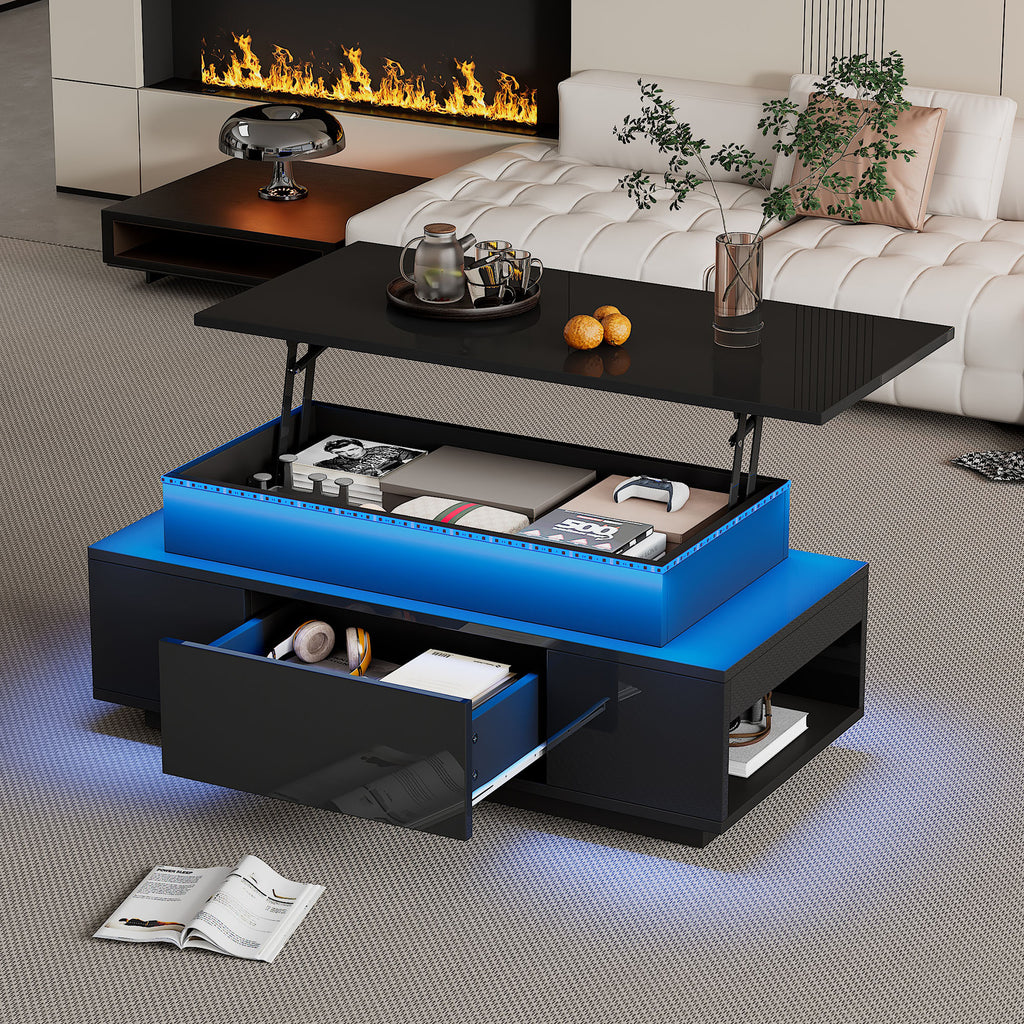 Lift - Top Coffee Table, Highgloss Centre Table With 1 Drawers & LED Lights, Hidden Storage Space, Lifting Sofa Side Table, Space - saving End Table,Tea Table,for Livingroom, Office, 96x45x40m, Black - Noventis Home
