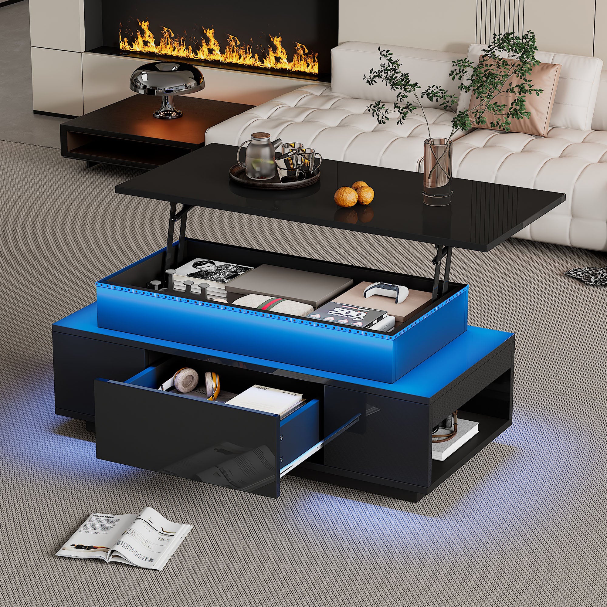 Lift - Top Coffee Table, Highgloss Centre Table With 1 Drawers & LED Lights, Hidden Storage Space, Lifting Sofa Side Table, Space - saving End Table,Tea Table,for Livingroom, Office, 96x45x40m, Black - Noventis Home