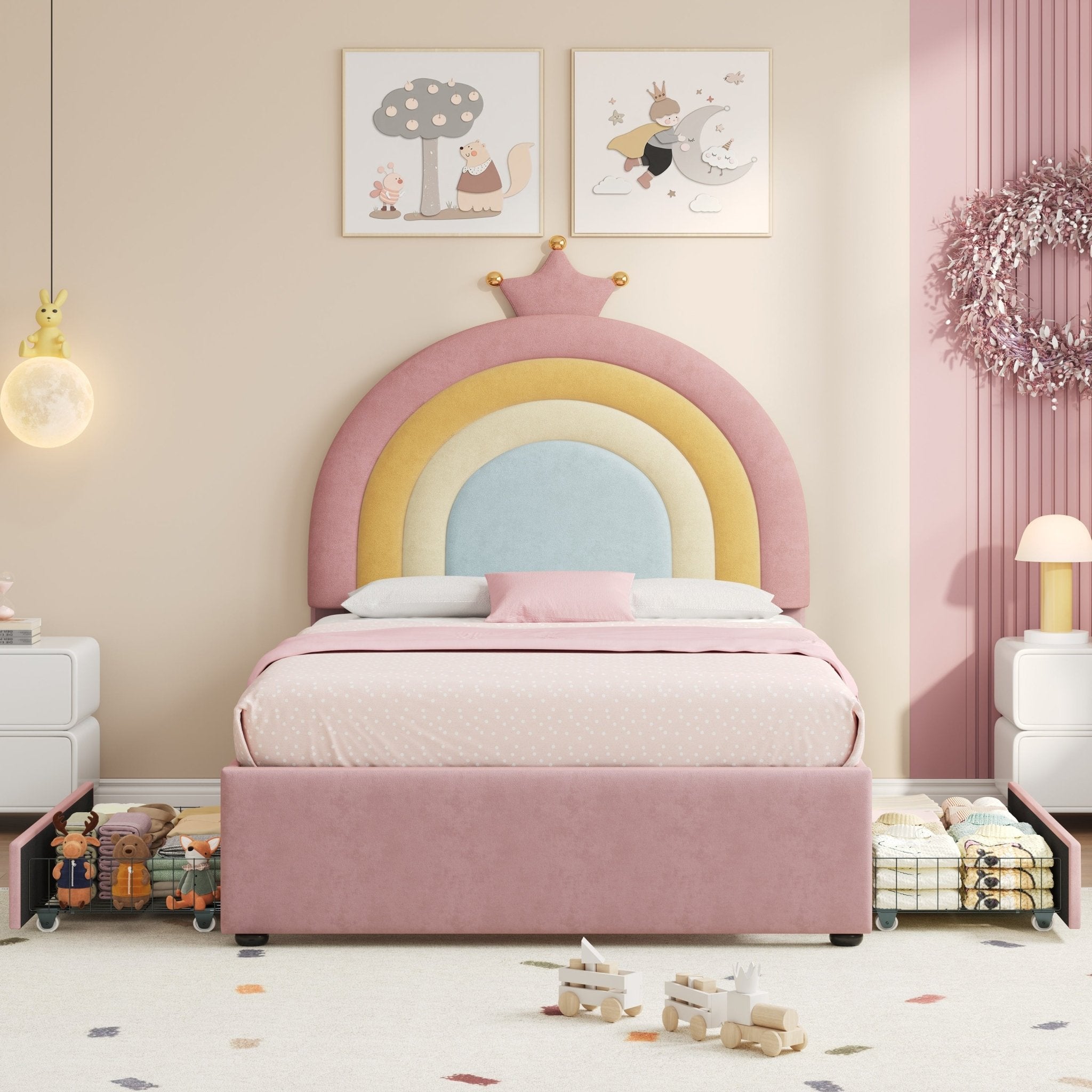 Eenpersoons Gestoffeerd Bed met Verstelbaar Regenboog Kroon Hoofdeinde, Zacht Fluwelen Bedframe met Opbergladen, Geen Bedbodem Nodig, Geen Matras - Noventis Home