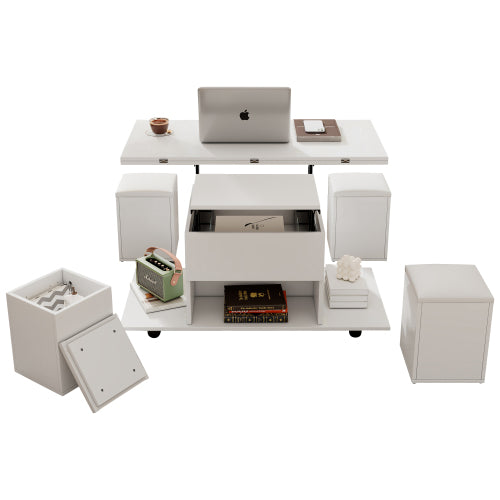 Salontafel met Opklapbaar Blad en Opbergruimte, Hydraulisch Lift-top Tafel voor Woonkamer, Wit
