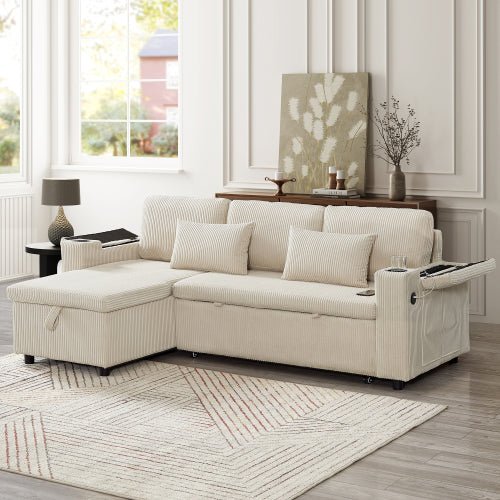 3 In 1 Convertible Corduroy Sofa Bed With Storage Chaise, L Shaped Sleeper Sofa Couches With Armrest Storage And Charging Station. Pullout Sectional Daybed For Living RoomBedroomOffice, Grey - Noventis Home