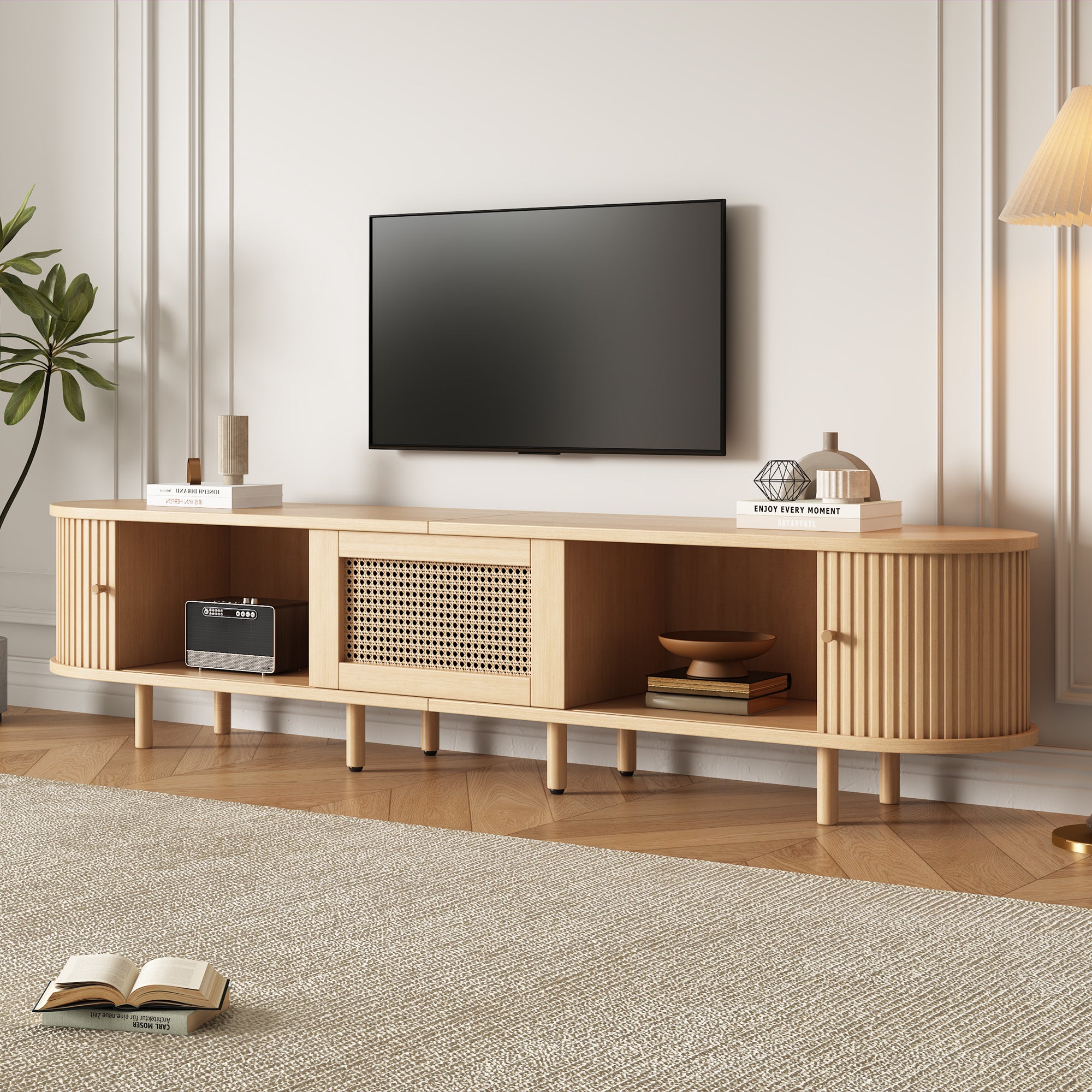 TV-meubel met 1 Rotan Lade en 2 Schuifdeuren, Ovaal TV-kast met Afgeronde Hoeken, 180x40x40 cm, Licht Hout, MDF, Geschikt voor 70 inch TV