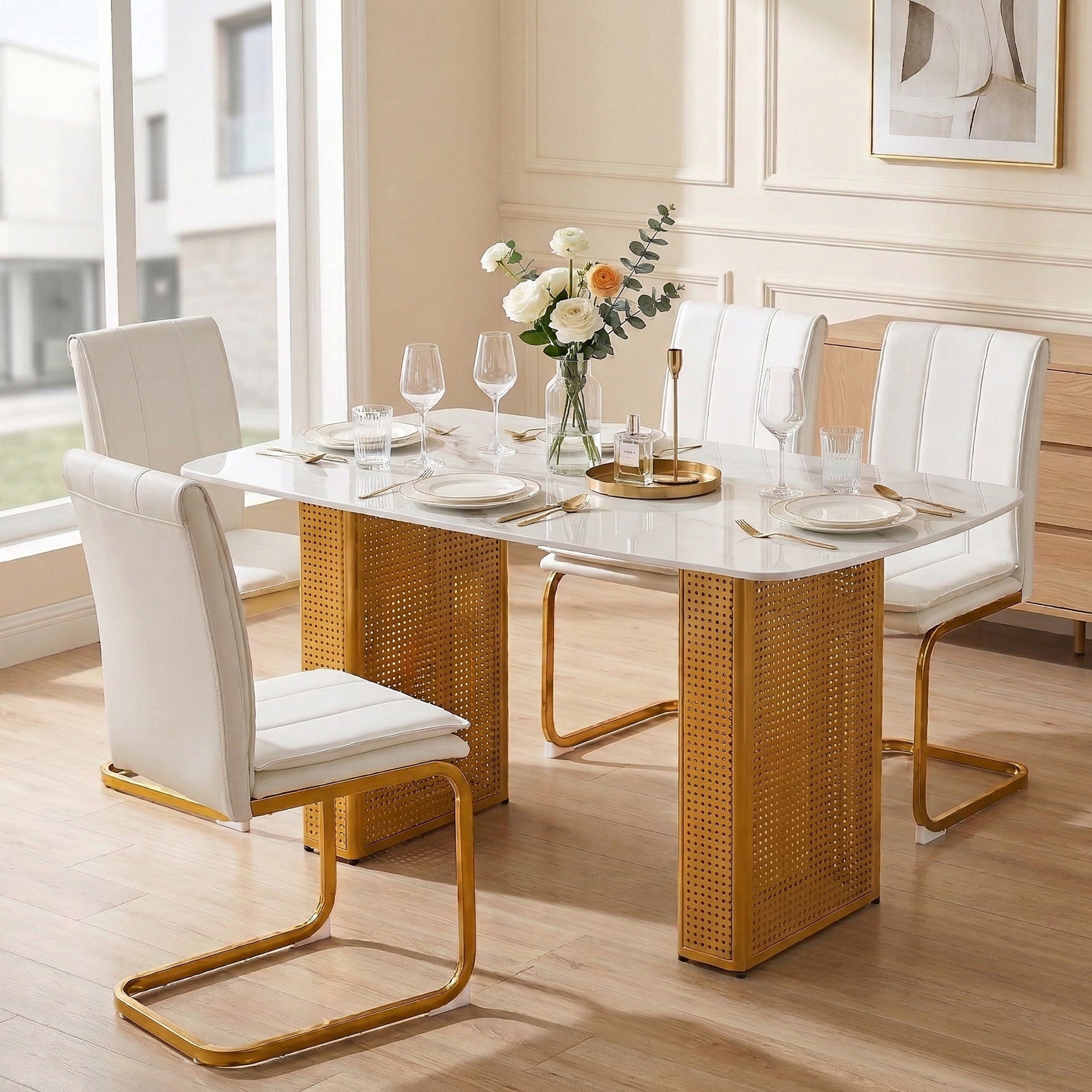Moderne Rechthoekige Glazen Eettafel met Marmerlook en Gouden Dubbele Metalen Poot, voor Eetkamer & Thuiskantoor