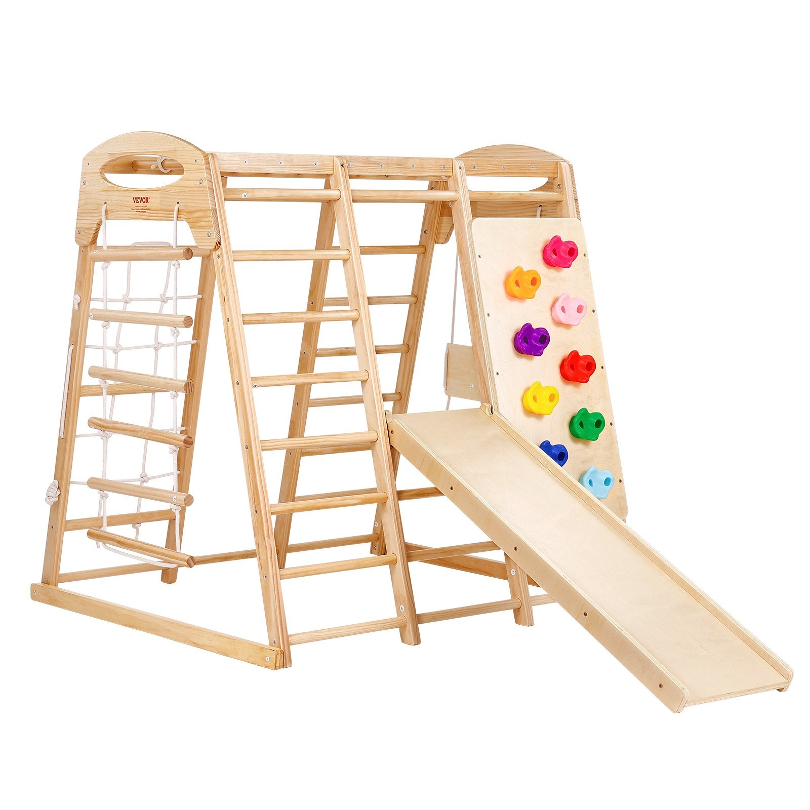 Binnen Klimtoestel 7 - in - 1, Houten Klim - en Speeltoestel met Ladder, Schommel, Glijbaan en Klimwand, 120x147x142cm - Noventis Home