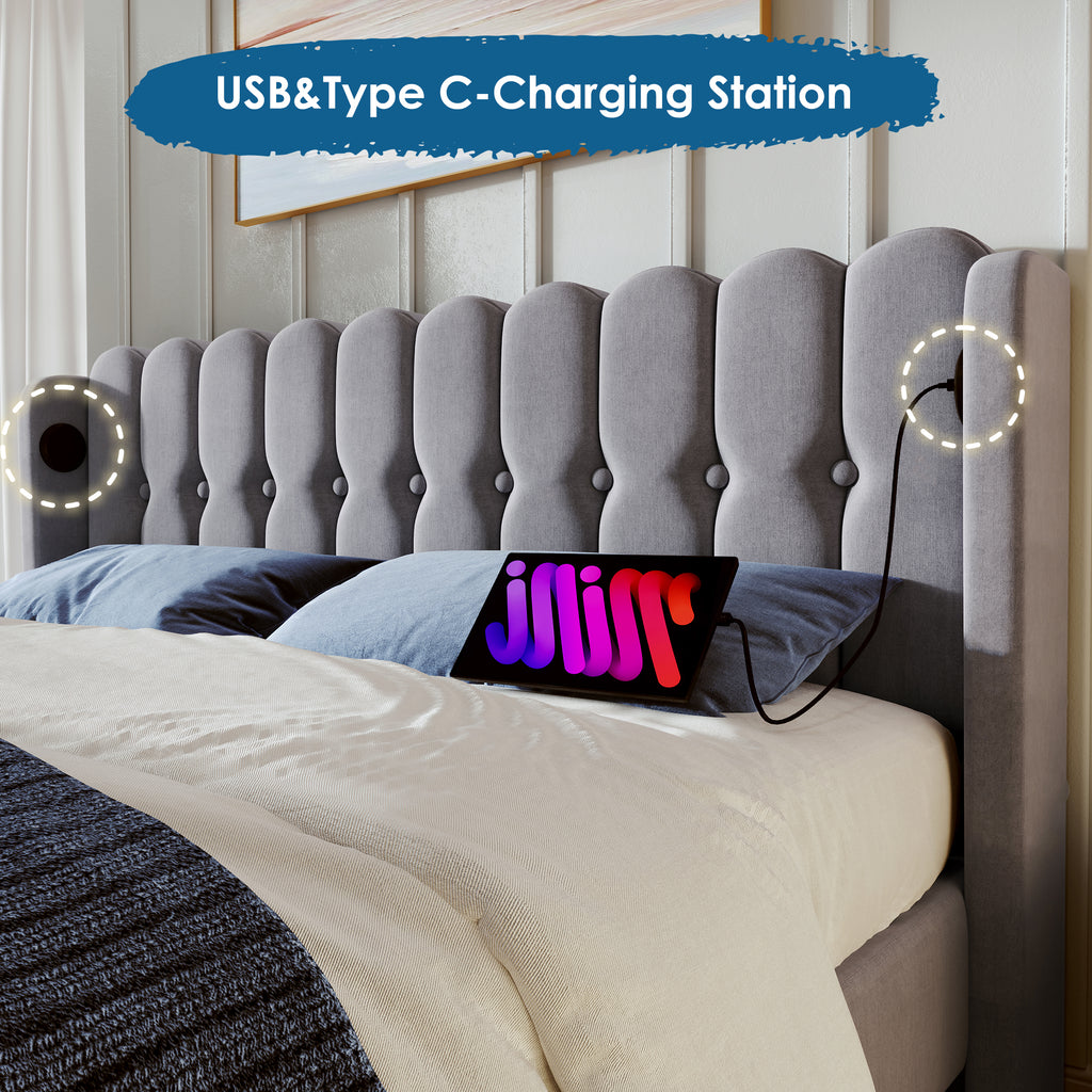 Upholstered Double Bed With USB And Type - C Charging, Bed Frame With Wooden Slatted Frame, Teenager Bed For Bedroom & Guest Room,4ft6 135 X 190 Cm Bed Frame, Grey, Linen Material - Noventis Home
