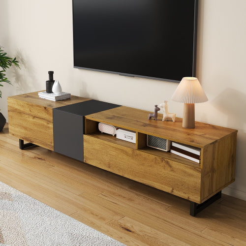 Colorblock TV-meubel, Contrasterend Kleurdesign, 3 Deuren en 2 Vakken, U-vormige Metalen Poten, Retro Houtnerf, 170 cm