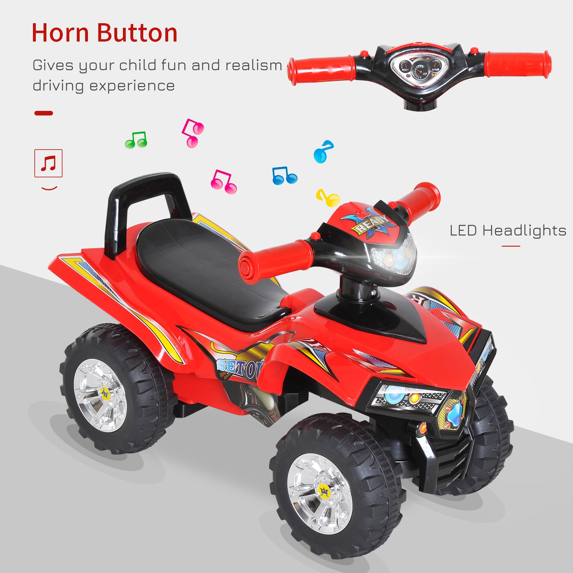 Kinder Loopauto Quad Bike, 4 Wielen, Toeter en Muziek, Rood