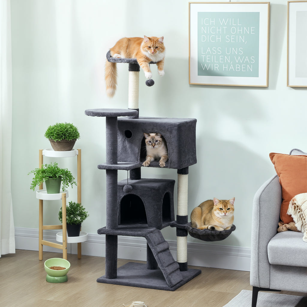 PawHut 140cm Large Cat Tree Tower With Sisal Scratching Posts, Cat Houses, Plush Perches, Hammock, Ladder, Dark Grey - Noventis Home