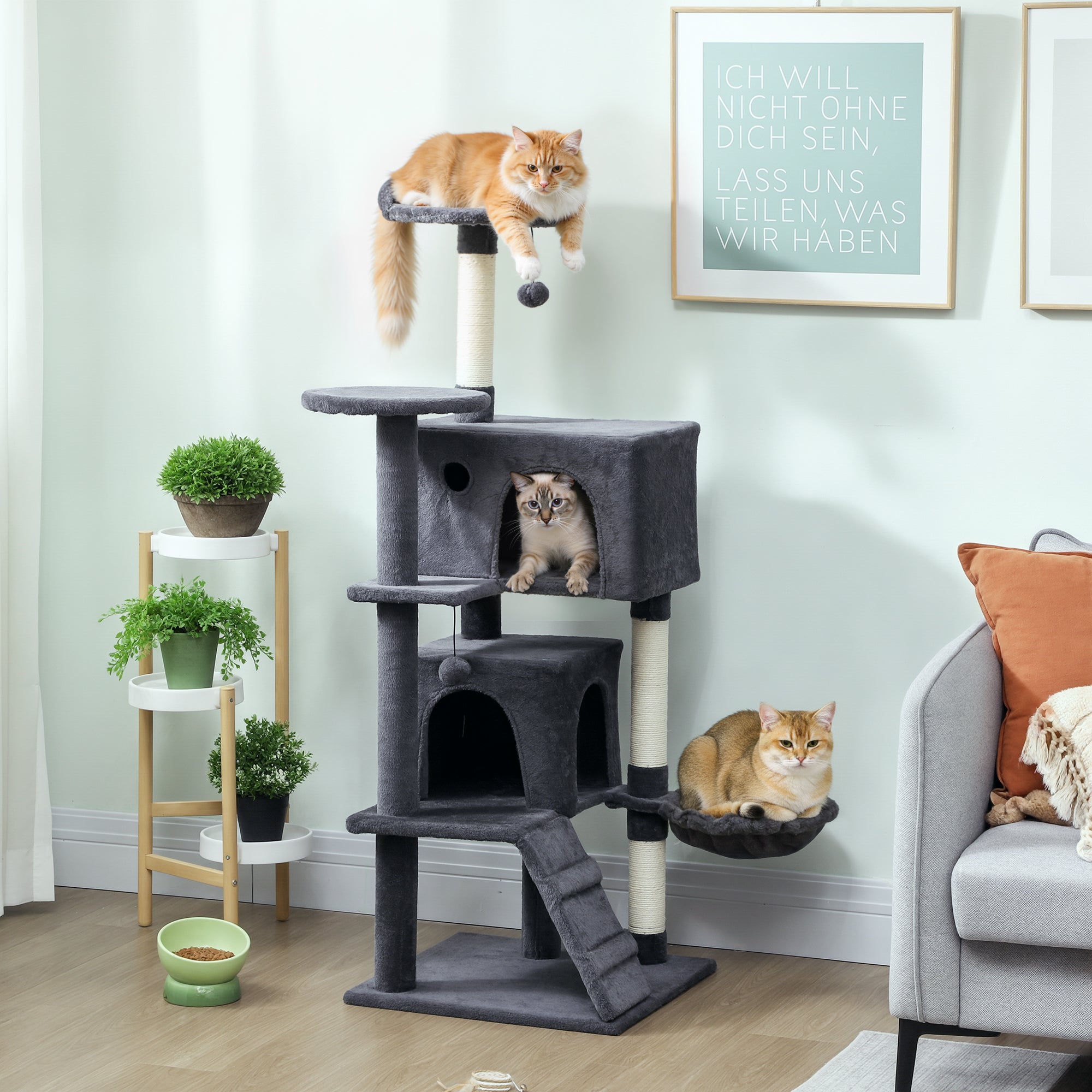 PawHut 140cm Large Cat Tree Tower With Sisal Scratching Posts, Cat Houses, Plush Perches, Hammock, Ladder, Dark Grey - Noventis Home