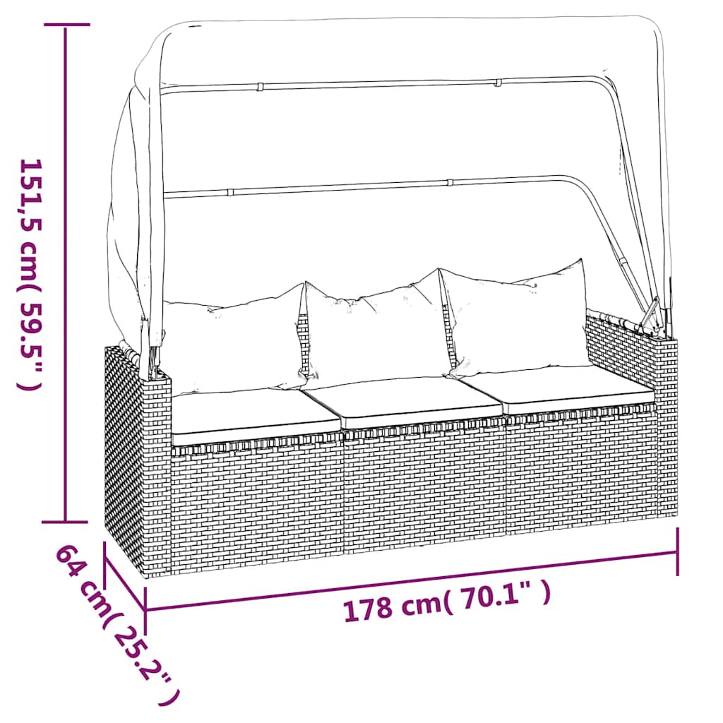 3 - seater garden sofa with canopy and footstool, poly rattan - Noventis Home